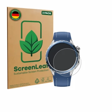 Face avant d’un emballage produit avec le logo de la marque ScreenLeaf. À côté, l’appareil Oppo Watch X2 est représenté avec l