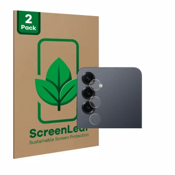 Face avant d’un emballage produit avec le logo de la marque ScreenLeaf. À côté, l’appareil Samsung Galaxy S25 Plus (Caméra UNI