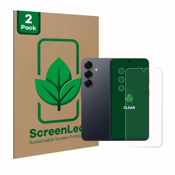 Face avant d’un emballage produit avec le logo de la marque ScreenLeaf. À côté, l’appareil Samsung Galaxy S25 Plus (Avant+Camé