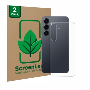 Face avant d’un emballage produit avec le logo de la marque ScreenLeaf. À côté, l’appareil Samsung Galaxy S25 Plus (Arrière) e