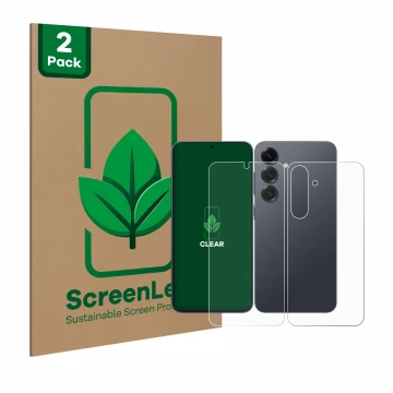 Face avant d’un emballage produit avec le logo de la marque ScreenLeaf. À côté, l’appareil Samsung Galaxy S25 Plus (Avant+Arri