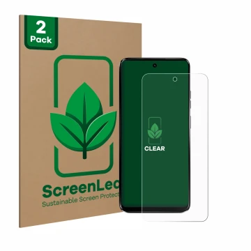 Face avant d’un emballage produit avec le logo de la marque ScreenLeaf. À côté, l’appareil Motorola Moto G34 5G est représenté