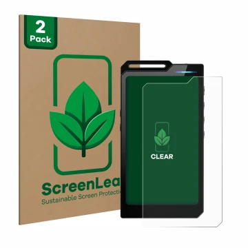 Face avant d’un emballage produit avec le logo de la marque ScreenLeaf. À côté, l’appareil Hiby R4 est représenté avec la prot