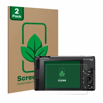 Face avant d’un emballage produit avec le logo de la marque ScreenLeaf. À côté, l’appareil Sony ZV-1A est représenté avec la p