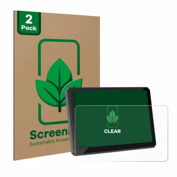 Face avant d’un emballage produit avec le logo de la marque ScreenLeaf. À côté, l’appareil Carpuride W712D 7