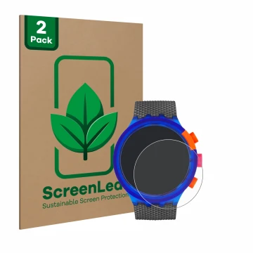 Face avant d’un emballage produit avec le logo de la marque ScreenLeaf. À côté, l’appareil Swatch Neon Party est représenté av