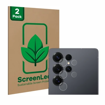 Face avant d’un emballage produit avec le logo de la marque ScreenLeaf. À côté, l’appareil Samsung Galaxy S25 Ultra Enterprise