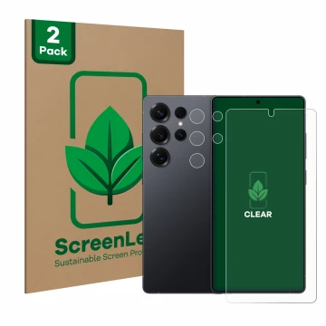 Face avant d’un emballage produit avec le logo de la marque ScreenLeaf. À côté, l’appareil Samsung Galaxy S25 Ultra Enterprise
