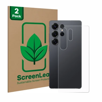 Face avant d’un emballage produit avec le logo de la marque ScreenLeaf. À côté, l’appareil Samsung Galaxy S25 Ultra Enterprise
