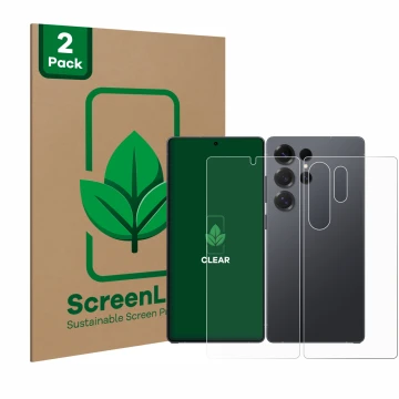Face avant d’un emballage produit avec le logo de la marque ScreenLeaf. À côté, l’appareil Samsung Galaxy S25 Ultra Enterprise