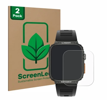 Face avant d’un emballage produit avec le logo de la marque ScreenLeaf. À côté, l’appareil Bekomiya Smartwatch 1.91