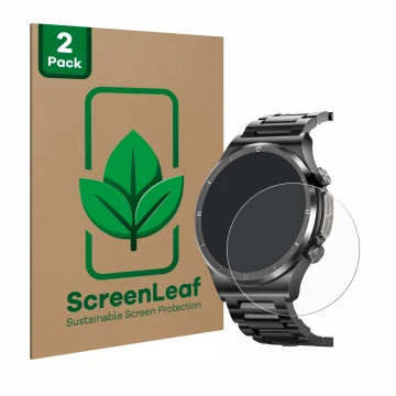 Face avant d’un emballage produit avec le logo de la marque ScreenLeaf. À côté, l’appareil Banlvs Smartwatch 1.39