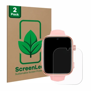Face avant d’un emballage produit avec le logo de la marque ScreenLeaf. À côté, l’appareil Banlvs Kids Smartwatch 1.83