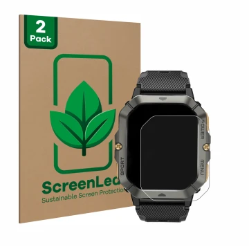 Face avant d’un emballage produit avec le logo de la marque ScreenLeaf. À côté, l’appareil Banlvs Smartwatch 2.02