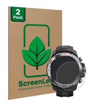 Face avant d’un emballage produit avec le logo de la marque ScreenLeaf. À côté, l’appareil Xiaomi Mibro GS Explorer est représ