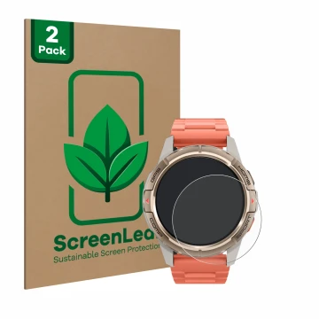 Face avant d’un emballage produit avec le logo de la marque ScreenLeaf. À côté, l’appareil Xiaomi Mibro GS Active est représen