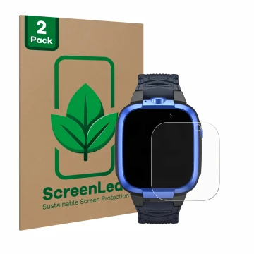 Face avant d’un emballage produit avec le logo de la marque ScreenLeaf. À côté, l’appareil Xiaomi Mibro Kids Z3 est représenté