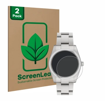 Face avant d’un emballage produit avec le logo de la marque ScreenLeaf. À côté, l’appareil Rolex Oyster Perpetual 34 est repré