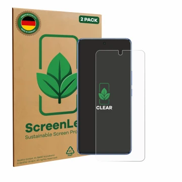 Face avant d’un emballage produit avec le logo de la marque ScreenLeaf. À côté, l’appareil Vivo V50 est représenté avec la pro