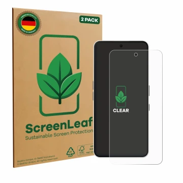 Face avant d’un emballage produit avec le logo de la marque ScreenLeaf. À côté, l’appareil Nothing Phone (3a) est représenté a