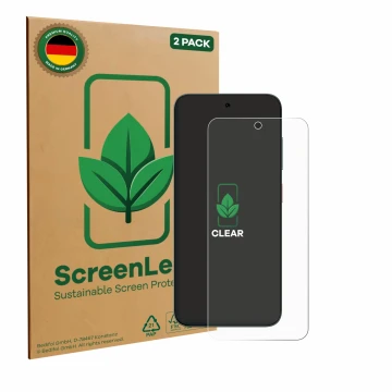 Face avant d’un emballage produit avec le logo de la marque ScreenLeaf. À côté, l’appareil ZTE Blade V70 est représenté avec l