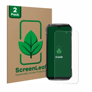 Face avant d’un emballage produit avec le logo de la marque ScreenLeaf. À côté, l’appareil Doogee S Cyber Pro est représenté a