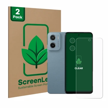 Face avant d’un emballage produit avec le logo de la marque ScreenLeaf. À côté, l’appareil Motorola Moto E15 (Avant+Caméra) es