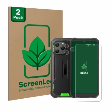 Face avant d’un emballage produit avec le logo de la marque ScreenLeaf. À côté, l’appareil Blackview BV5300 Plus (Avant+Caméra