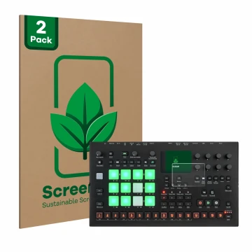 Face avant d’un emballage produit avec le logo de la marque ScreenLeaf. À côté, l’appareil Elektron Analog Rytm MKII est repré