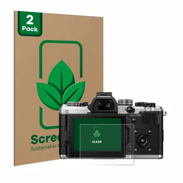 Face avant d’un emballage produit avec le logo de la marque ScreenLeaf. À côté, l’appareil OM System OM-3 est représenté avec 
