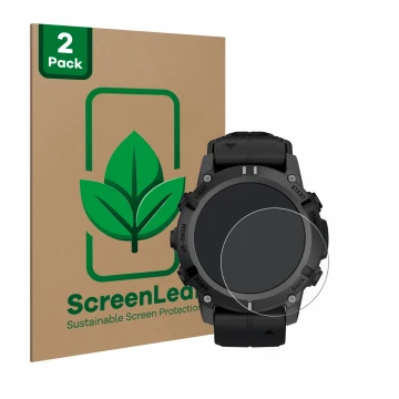 Face avant d’un emballage produit avec le logo de la marque ScreenLeaf. À côté, l’appareil Garmin Descent G2 est représenté av