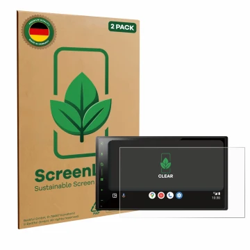 Face avant d’un emballage produit avec le logo de la marque ScreenLeaf. À côté, l’appareil Pioneer SPH-DA77DAB est représenté 