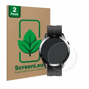 Face avant d’un emballage produit avec le logo de la marque ScreenLeaf. À côté, l’appareil Tracer Smartwatch SM9 est représent
