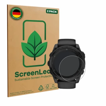 Face avant d’un emballage produit avec le logo de la marque ScreenLeaf. À côté, l’appareil Garmin Tactix 8 AMOLED (51 mm) est 