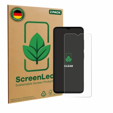 Face avant d’un emballage produit avec le logo de la marque ScreenLeaf. À côté, l’appareil ZTE Blade A35e est représenté avec 