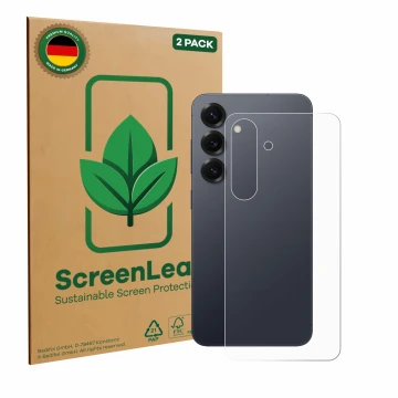 Face avant d’un emballage produit avec le logo de la marque ScreenLeaf. À côté, l’appareil Samsung Galaxy S25 Enterprise Editi