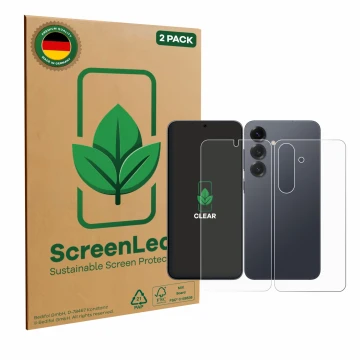 Face avant d’un emballage produit avec le logo de la marque ScreenLeaf. À côté, l’appareil Samsung Galaxy S25 Enterprise Editi