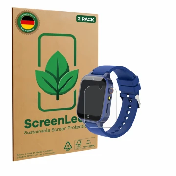 Face avant d’un emballage produit avec le logo de la marque ScreenLeaf. À côté, l’appareil Ruopoem Kids Smartwatch 1.54
