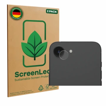Face avant d’un emballage produit avec le logo de la marque ScreenLeaf. À côté, l’appareil Apple iPhone 16e (Caméra UNIQUEMENT