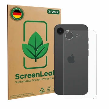 Face avant d’un emballage produit avec le logo de la marque ScreenLeaf. À côté, l’appareil Apple iPhone 16e (Arrière) est repr