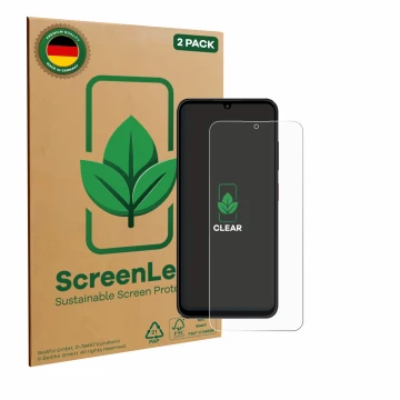 Face avant d’un emballage produit avec le logo de la marque ScreenLeaf. À côté, l’appareil ZTE Blade A55 est représenté avec l