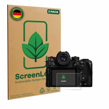 Face avant d’un emballage produit avec le logo de la marque ScreenLeaf. À côté, l’appareil Panasonic Lumix S1R II est représen