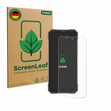 Face avant d’un emballage produit avec le logo de la marque ScreenLeaf. À côté, l’appareil Doogee S200X est représenté avec la