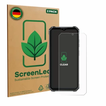 Face avant d’un emballage produit avec le logo de la marque ScreenLeaf. À côté, l’appareil Oukitel G1 est représenté avec la p