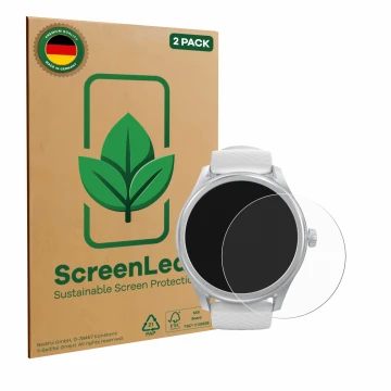 Face avant d’un emballage produit avec le logo de la marque ScreenLeaf. À côté, l’appareil Hama Smartwatch 5010 est représenté