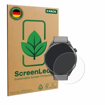 Face avant d’un emballage produit avec le logo de la marque ScreenLeaf. À côté, l’appareil Hama Smartwatch 9000 est représenté