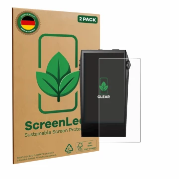 Face avant d’un emballage produit avec le logo de la marque ScreenLeaf. À côté, l’appareil Astell&Kern SP3000M est représenté 