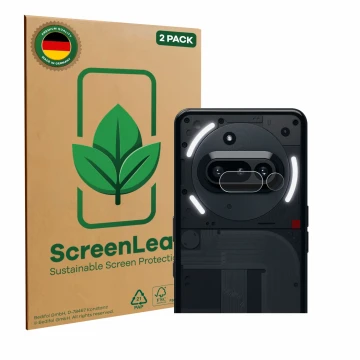 Face avant d’un emballage produit avec le logo de la marque ScreenLeaf. À côté, l’appareil Nothing Phone (3a) (Caméra UNIQUEME