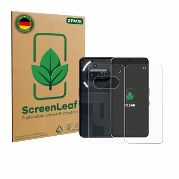Face avant d’un emballage produit avec le logo de la marque ScreenLeaf. À côté, l’appareil Nothing Phone (3a) (Avant+Arrière) 