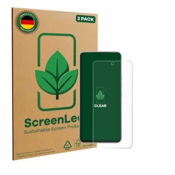 Face avant d’un emballage produit avec le logo de la marque ScreenLeaf. À côté, l’appareil Tecno Camon 40 Premier est représen